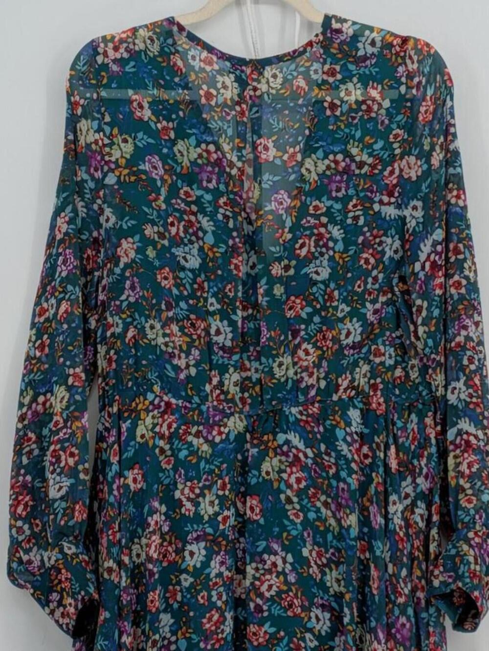Spy Zone Exchange XL $120 Teal Purple White Floral Faux Wrap Bohemian Dress